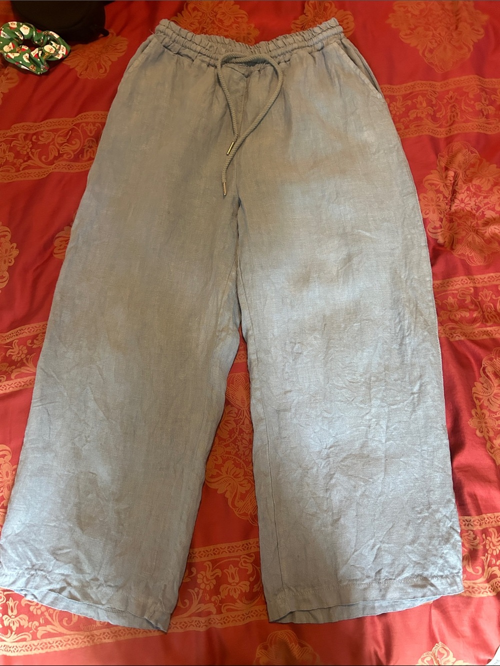 Light Blue Linen-Cotton Cropped Wide-Leg Pants